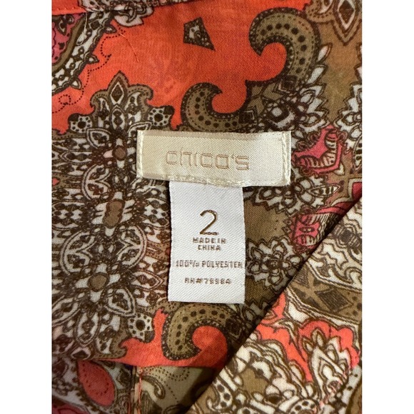 Chico's Tie Front Blouse Size 2 Large Orange Paisley Boho Lightweight Top - Picture 2 of 5